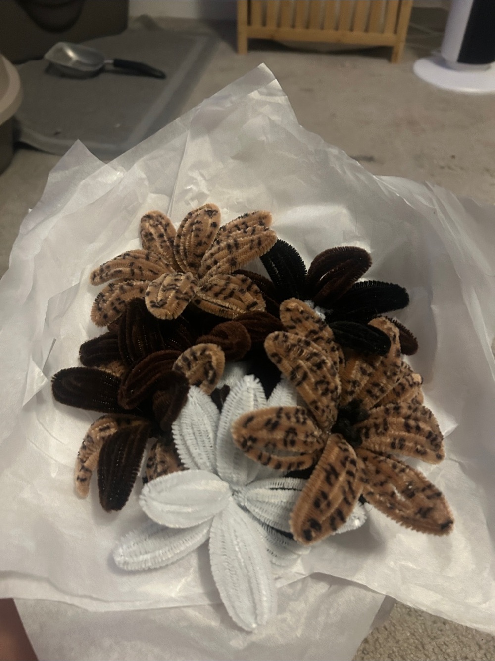 Velvet Flower bouquet in color Brown with cheetah, Black and White